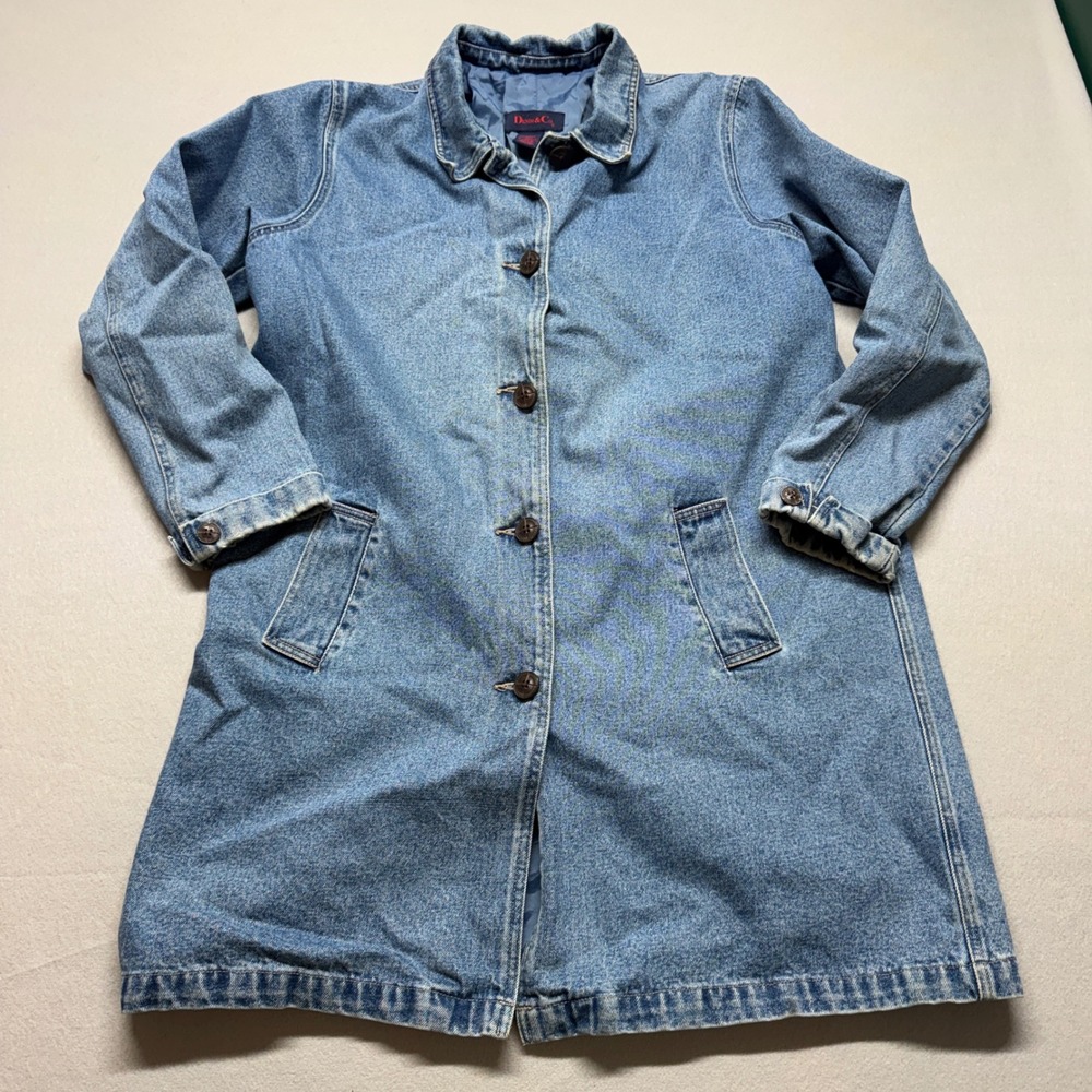 Denim & Co Vintage Blue Denim Chore Coat Longline Button Front Jacket Large
